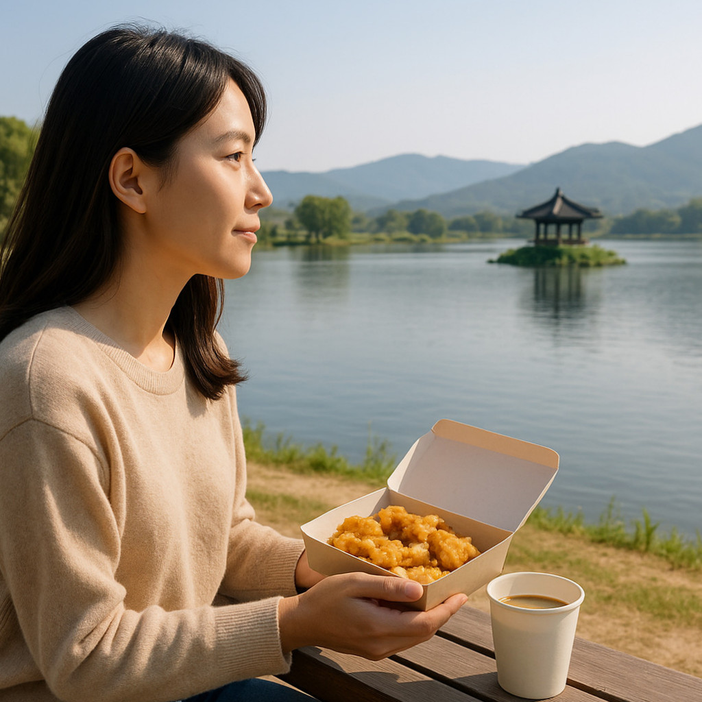 양평 두물머리의 아름다운 풍경 속에서 연인들이 데이트를 즐기며 음식을 맛보고 있는 모습.